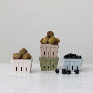 Neutral Stoneware Berry Bowl Collection in shades of beige, tan, soft blue, and green