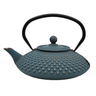 Teal cast iron teapot with textured surface and black handle on a white background