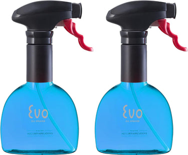 Set of 2 blue plastic oil sprayers with black heads and red ergonomic sprayer handles. Designed by Michael Graves.