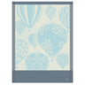 A blue kitchen towel with a pattern of decorated hot-air balloons and floral designs on a light blue background.