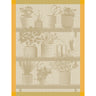 A beige tea towel with a floral and herbal design featuring various potted plants and gardening tools.