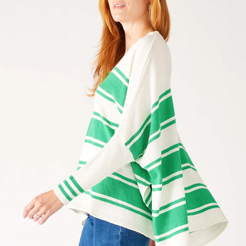 Catalina V-Neck Sweater | White/ Jade Stripe