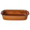 Ceramic rectangular baker in caramel brown. 