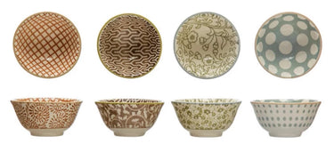 Small ceramic pinch pot bowls, each with different geometric patterns